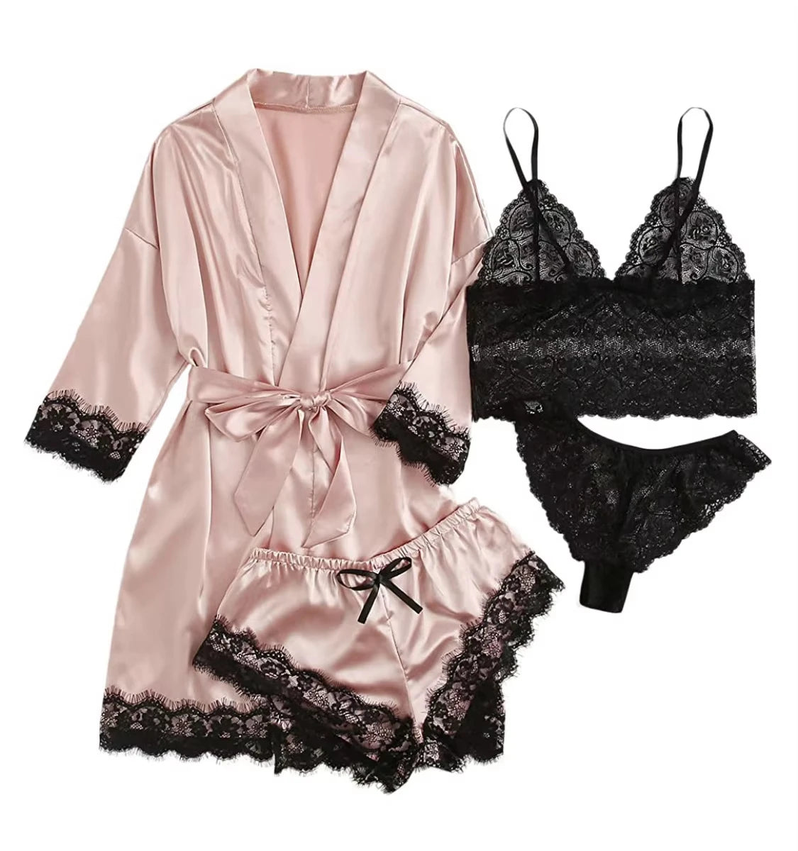 Pajama Fashion 4-piece Set Lace Satin Strap Sexy, Comfortable LADYLYS