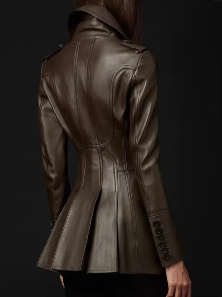 Women's Fitted Faux Leather Blazer – Double-Breasted, Elegant Office Jacket
