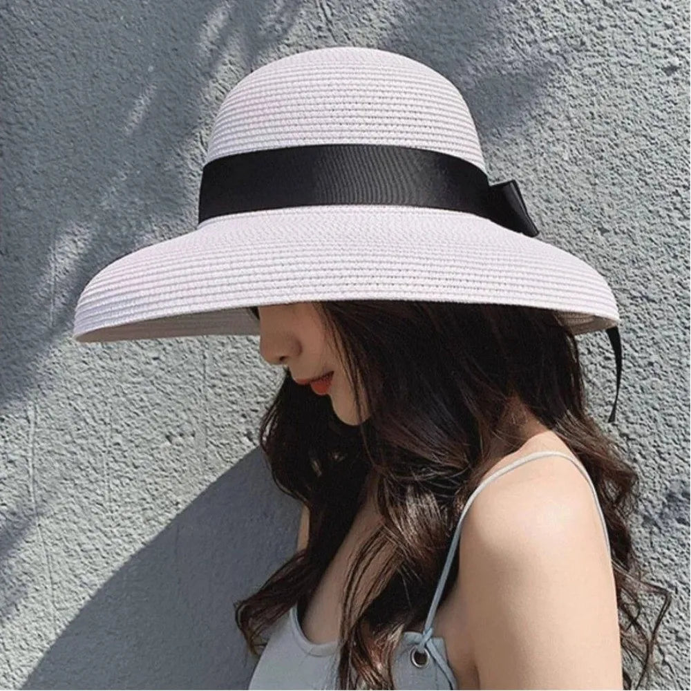 Vintage Breathable Straw Hat Black Ribbon Large Brim Sunshade Hat UV Protection Sun Hat Women LADYLYS