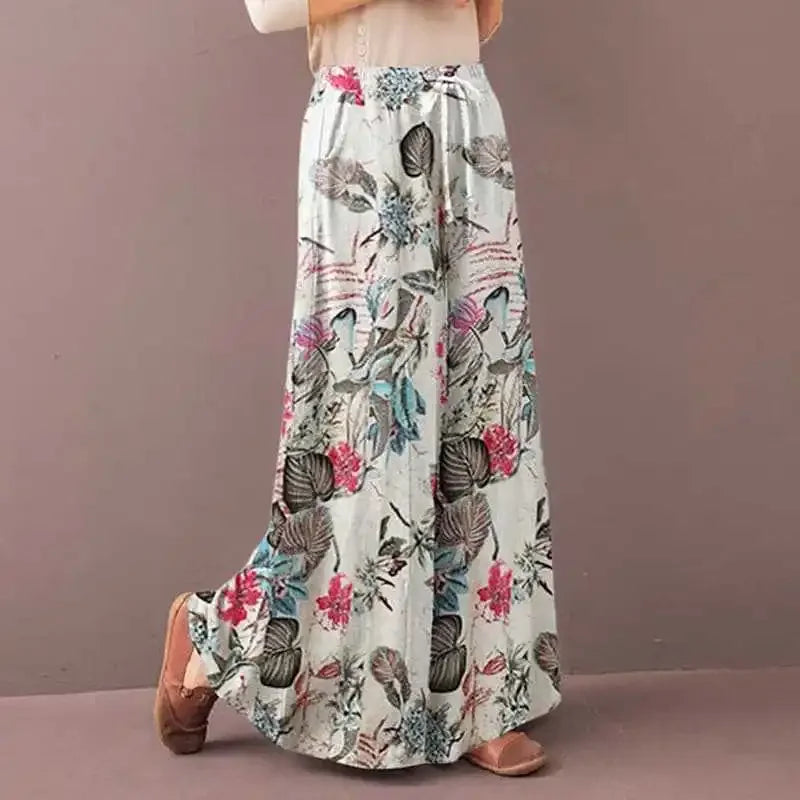 Women's Floral Print Wide Leg Pants — Drawstring Elastic Waist Bohemian Trousers | Plus Size