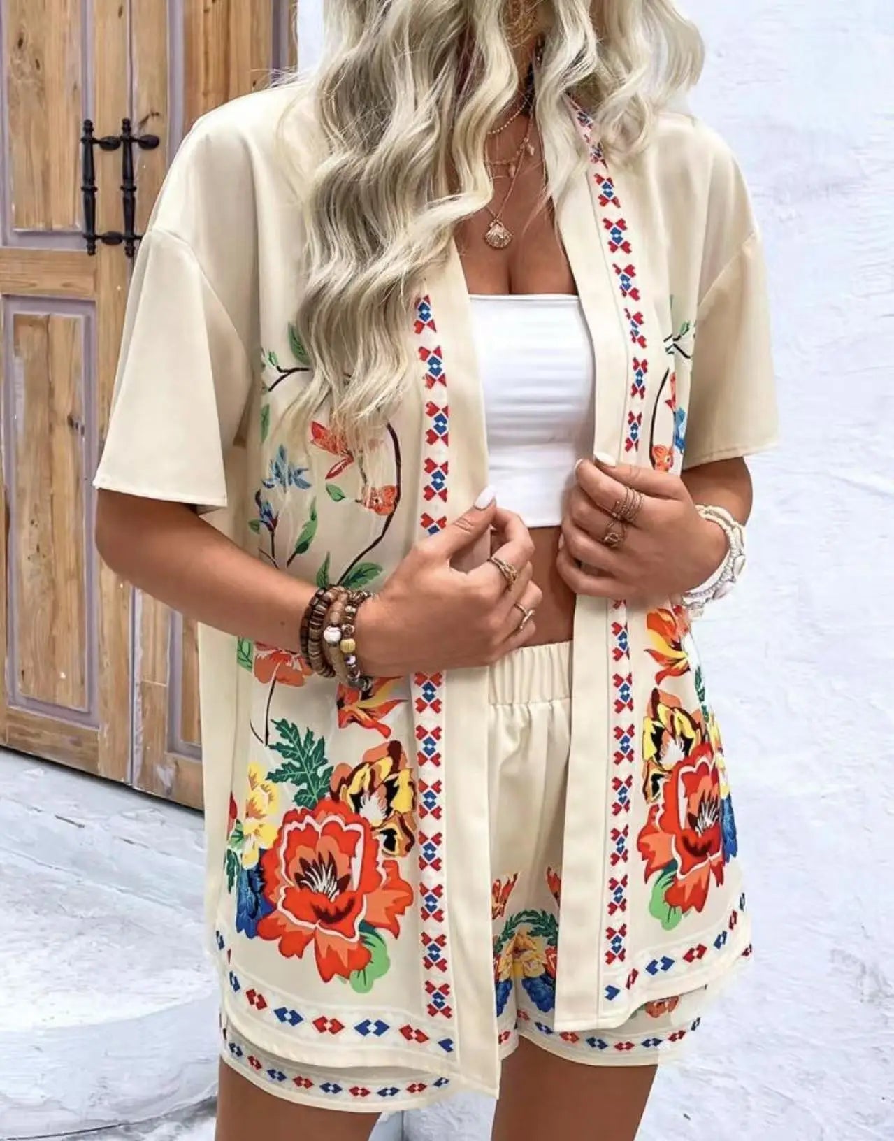 Casual Printed Cardigan Short-sleeved Top Shorts Two-piece Set LADYLYS