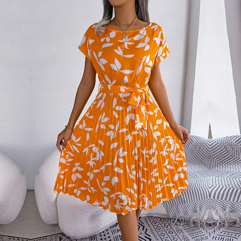Summer Short Sleeve High Waist Chic Dress Fashion Floral Pleated A Line Long Dress LADYLYS