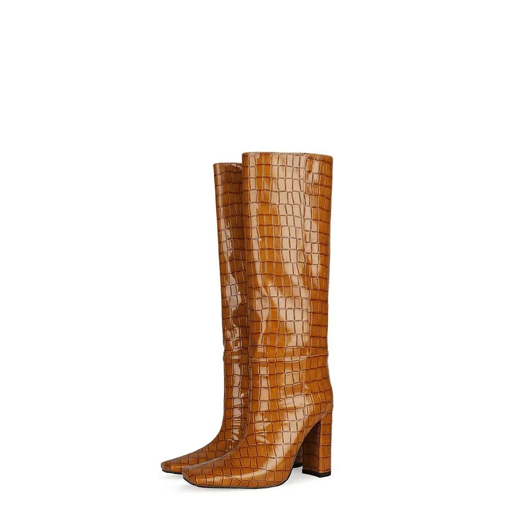 Women's Patent Leather Knee-High Boots – Thick Square Heel Slip-On Winter Boots in 21 Colours
