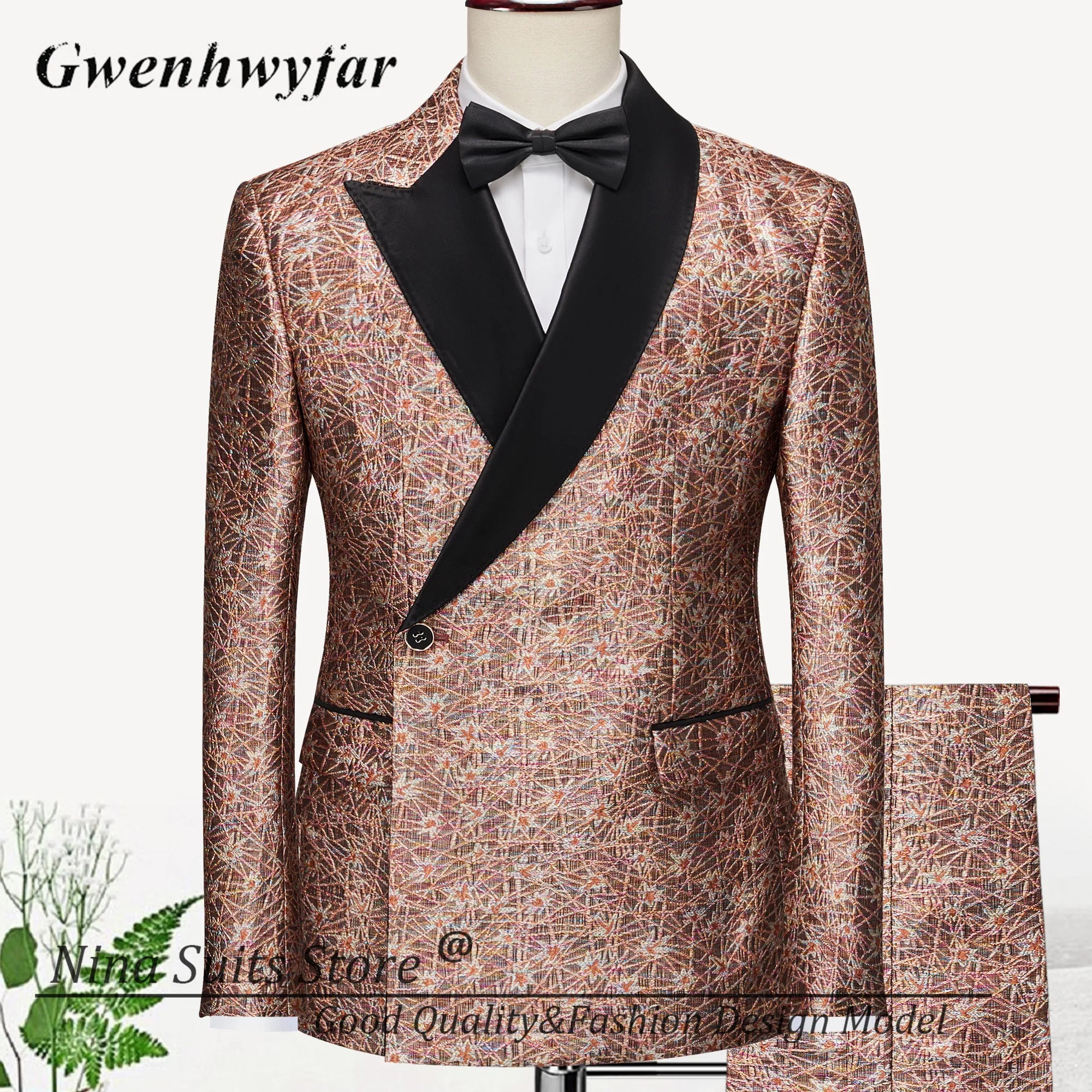 Men Suits Cashew Flower Jacquard Tuxedos Groom Wear Formal Party Suit LADYLYS