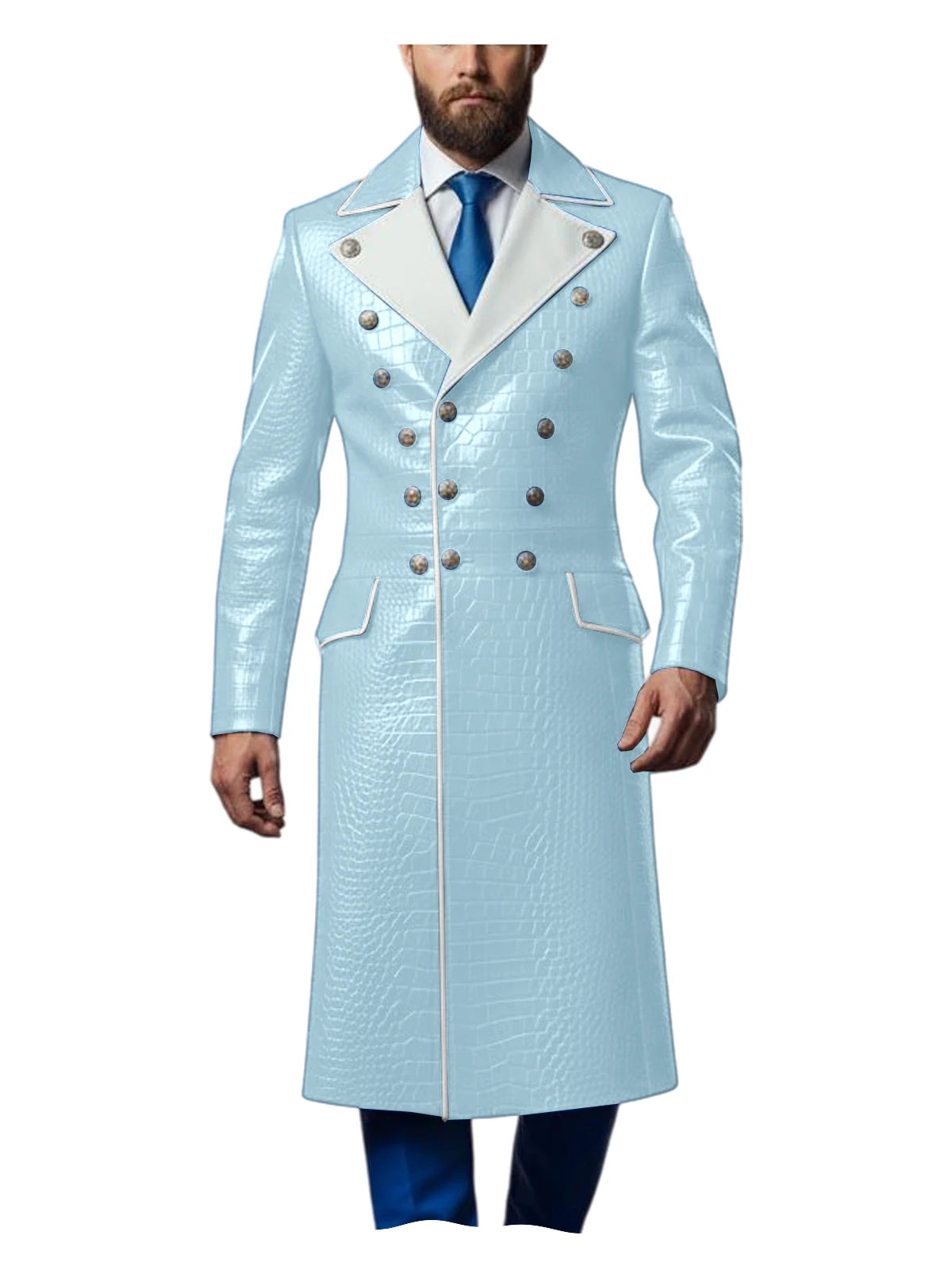Men's Croc-Embossed Faux Leather Double-Breasted Overcoat with Contrast White Lapels