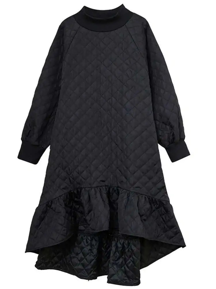 Women's Black Long Sleeve Fishtail Midi Dress with Round Neck