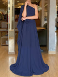 Women's Sexy Slant Shoulder Pleat Long Dress Fashion Flower Dimensional Solid Party Dress Casual Long One Shoulder Gowns Dress LADYLYS
