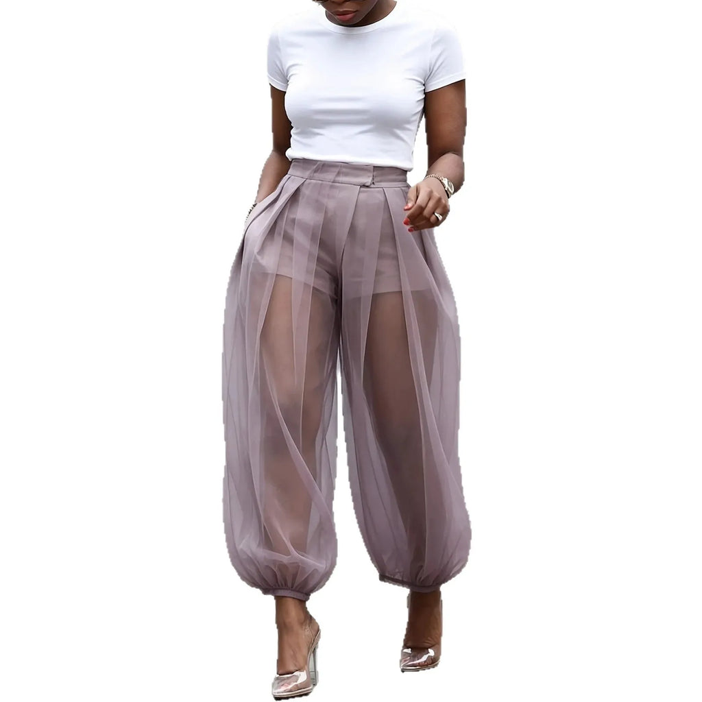 Women's Sheer Mesh Tulle Balloon Pants — High-Waist Elastic Cuff Bloomer Trousers | Elegant Casual