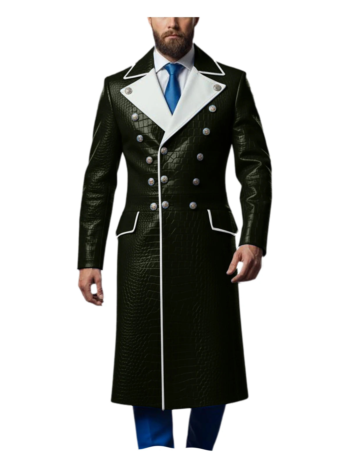 Men's Croc-Embossed Faux Leather Double-Breasted Overcoat with Contrast White Lapels
