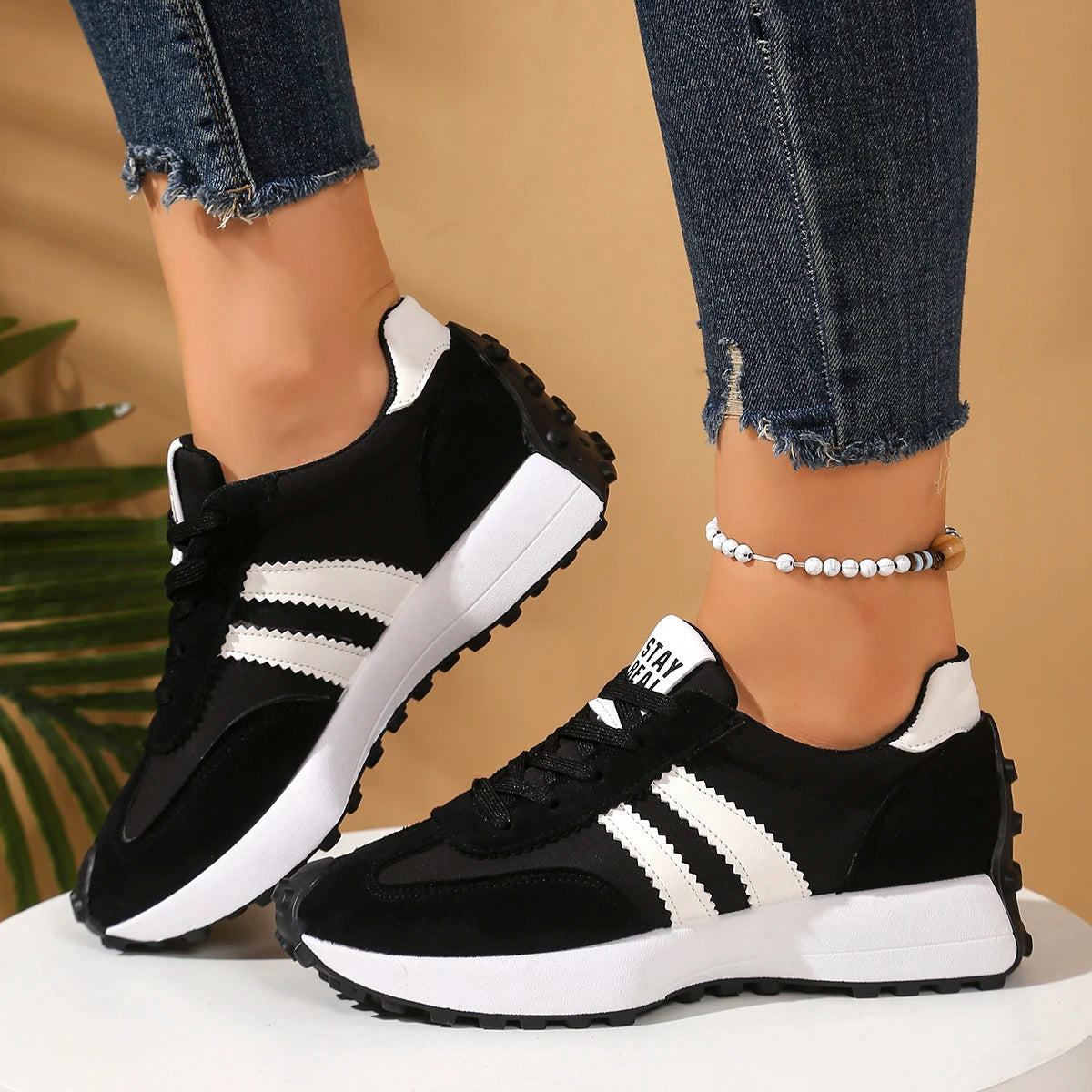 Style Elegant Lace Up Casual Spring/Autumn Round Toe Thick Sole Anti Slip Comfortable Sports Shoes LADYLYS
