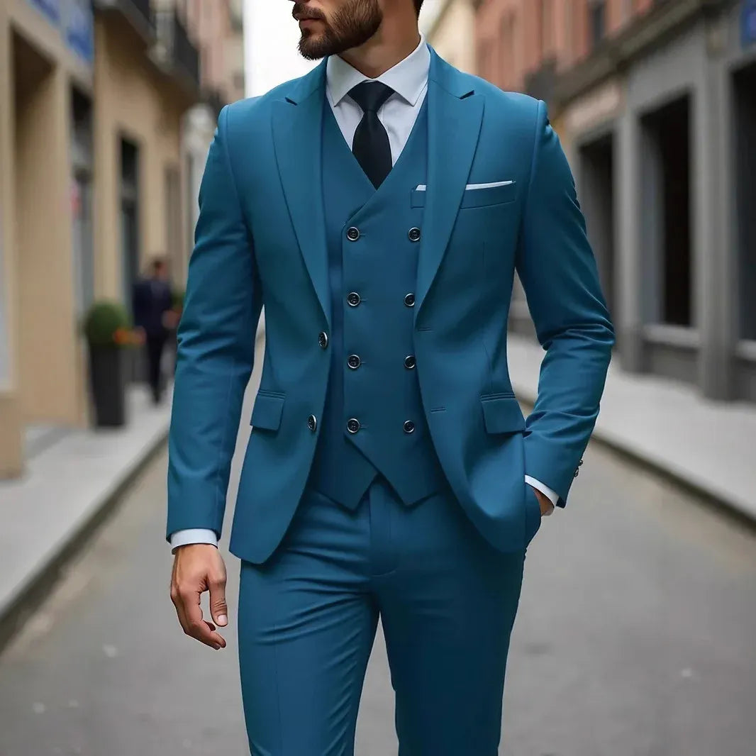 Men's Three-Piece Wedding Suit with Jacket, Waistcoat & Trousers