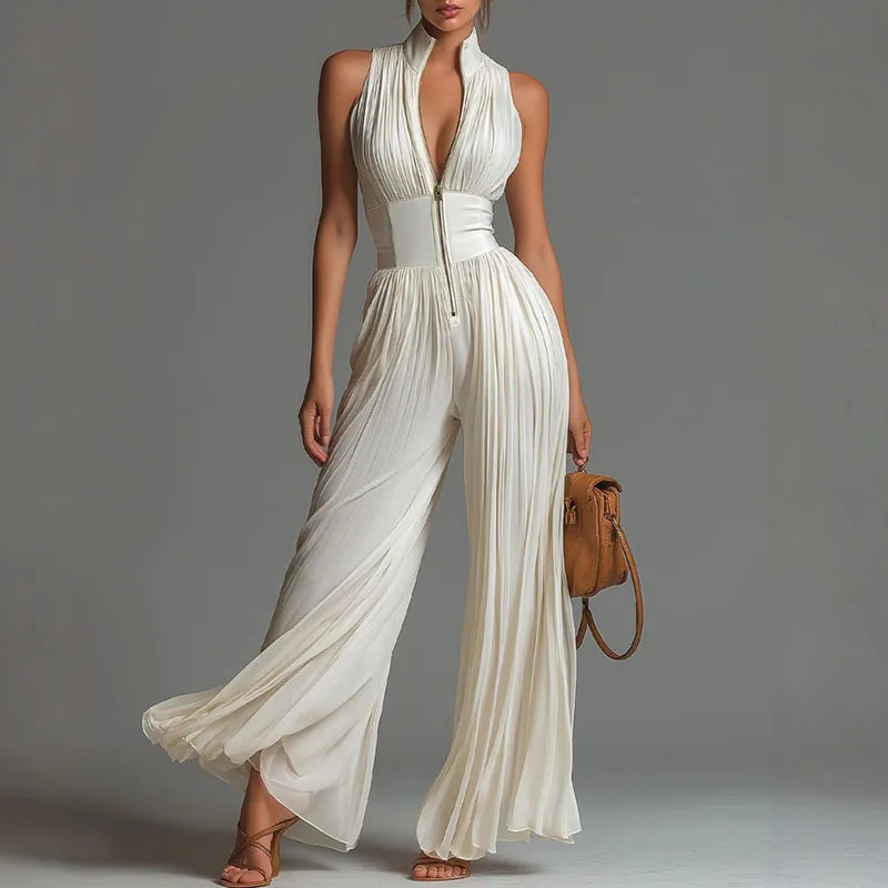Elegant Chiffon Sleeveless Jumpsuit High Waist Pleated Flowy Wide Leg LADYLYS