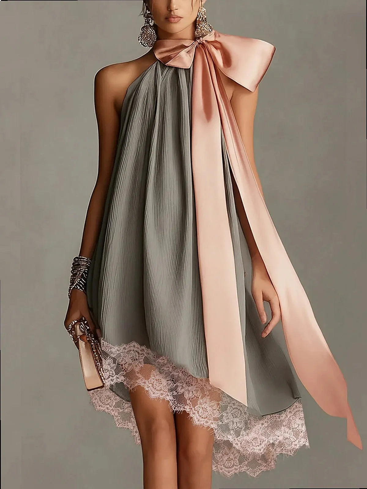 High Neck Irregular Chiffon Dress Dresses Tie Bow Flowy Long Dress Spring Summer LADYLYS