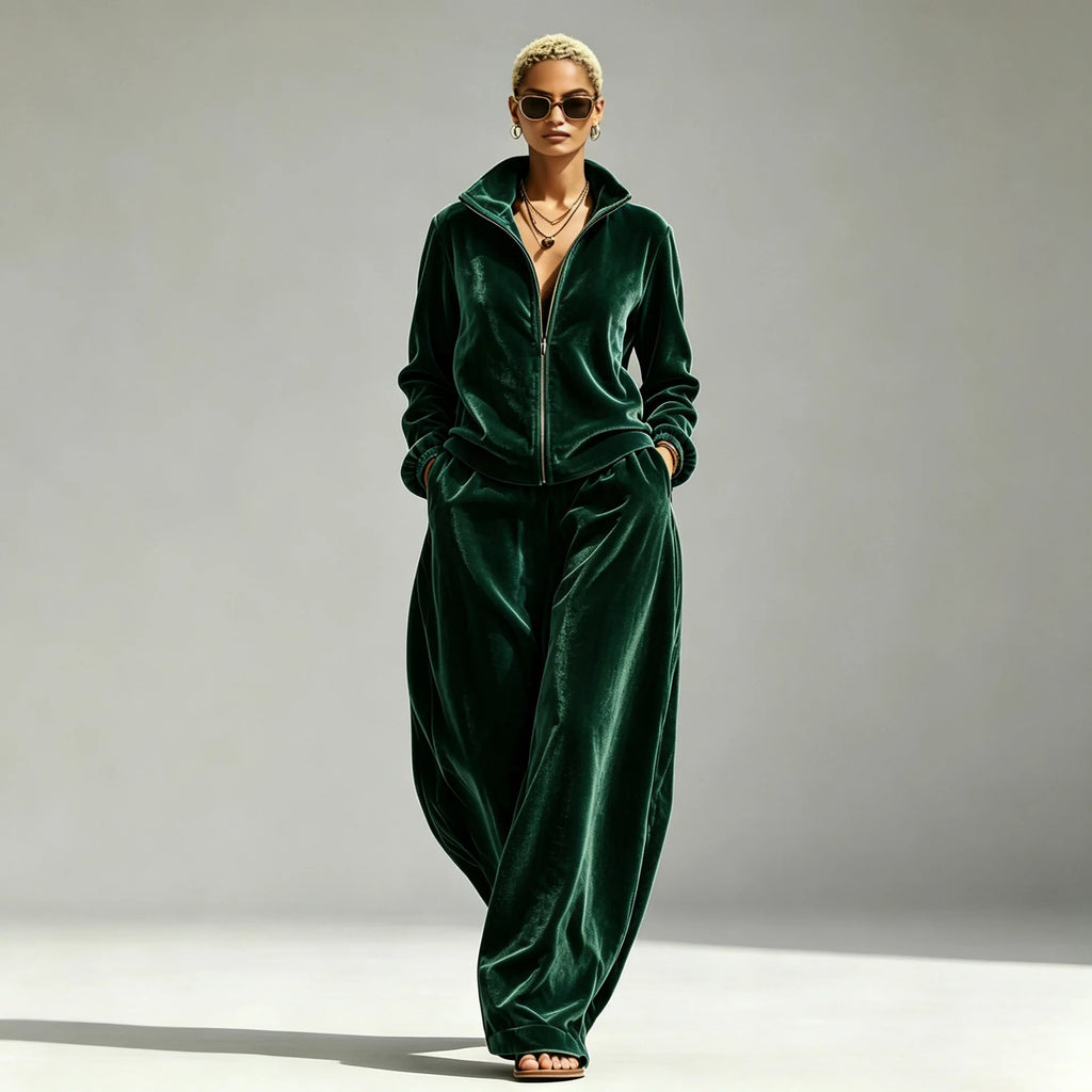 Women's Velvet Two-Piece Set with Wide-Leg Pants