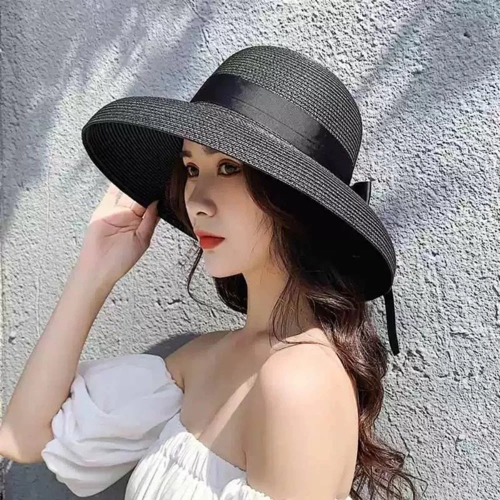 Vintage Breathable Straw Hat Black Ribbon Large Brim Sunshade Hat UV Protection Sun Hat Women LADYLYS