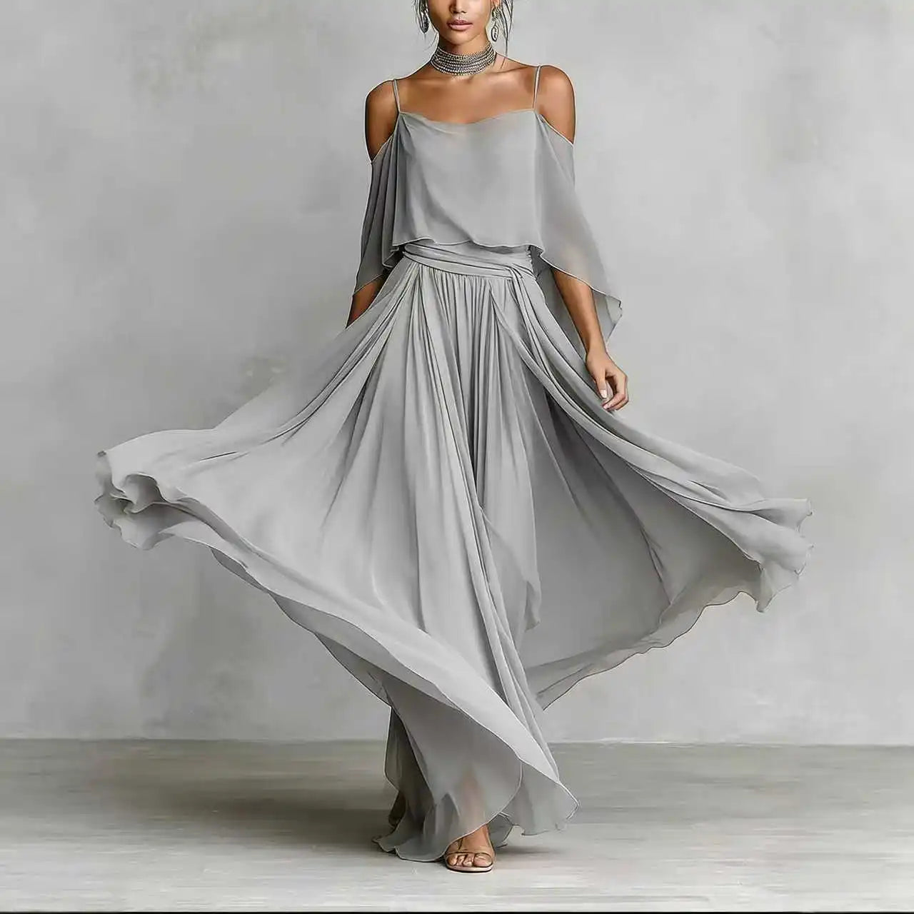Summer Fashion Solid Chiffon Dress Elegant Off Shoulder Strap Bat Sleeve High Waist Long Dress Women Wedding Guest Outfits LADYLYS