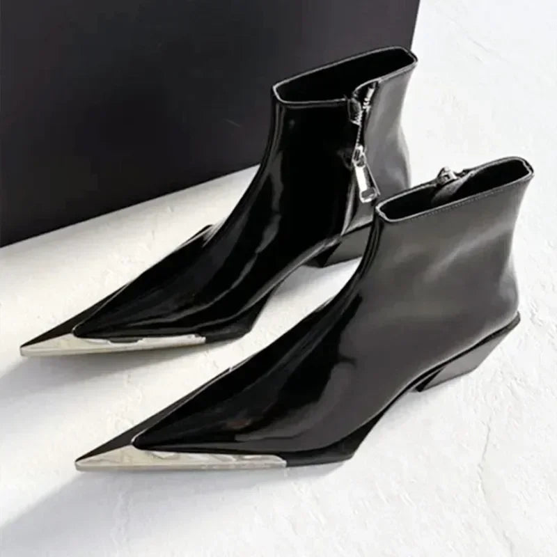 Women's Pointed Toe Chelsea Boots – Chunky Heel Metal Detail, Side Zip Ankle Boots