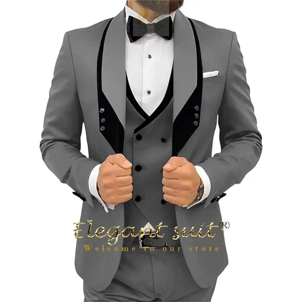 Men's black collar 3 piece suit (single button jacket vest and trousers)elegant slim fit tuxedo LADYLYS