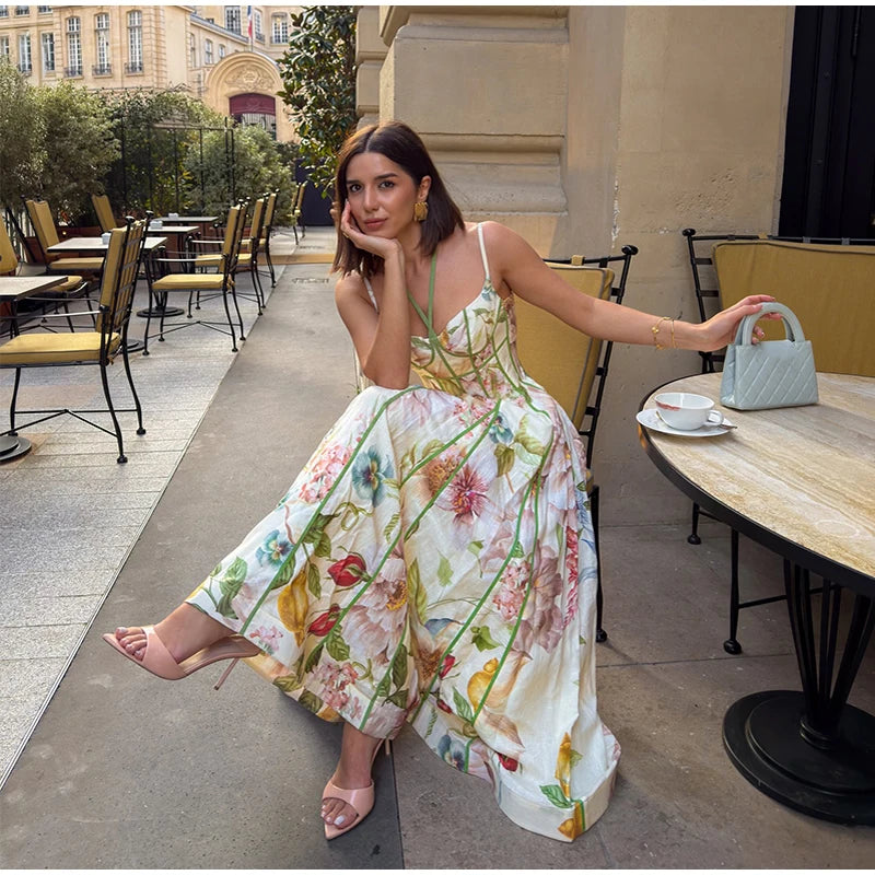 Floral Print Halter Neck Corset Waist Maxi Dress Elegant LADYLYS