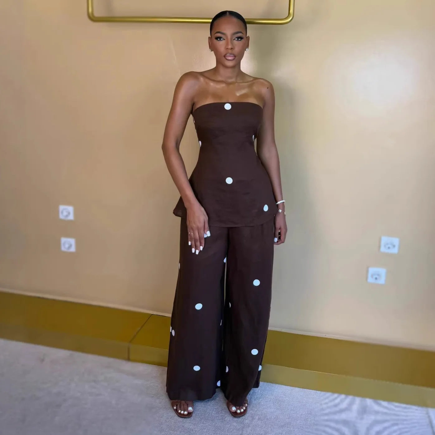 HLJ Women Polka Dot 2 Piece Outfits Elegant Bandeau Tube Top + High Waist Wide Leg Pants Set Summer Casual Streetwear Holidays LADYLYS