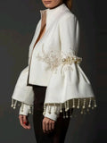 Pearl Tassel Jacket Fashion Elegant Stand Collar Pearl Fringed Decor Embroidery Flare LADYLYS