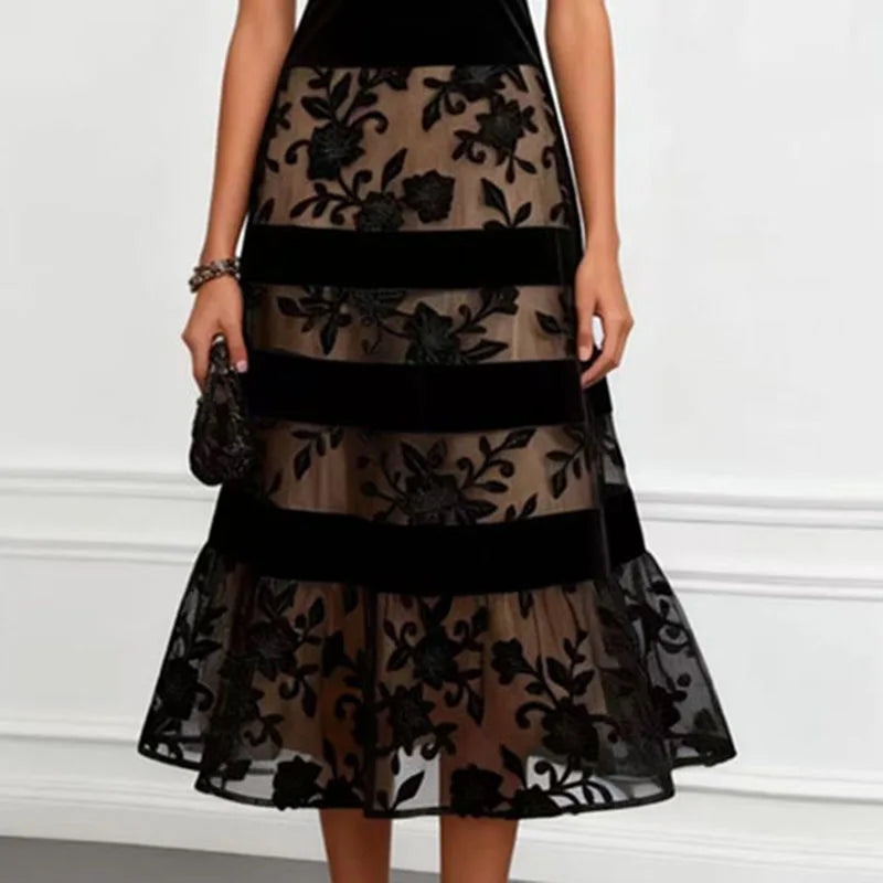 Floral Lace Mesh Sleeveless A-Line Dress – Elegant Formal Evening Gown