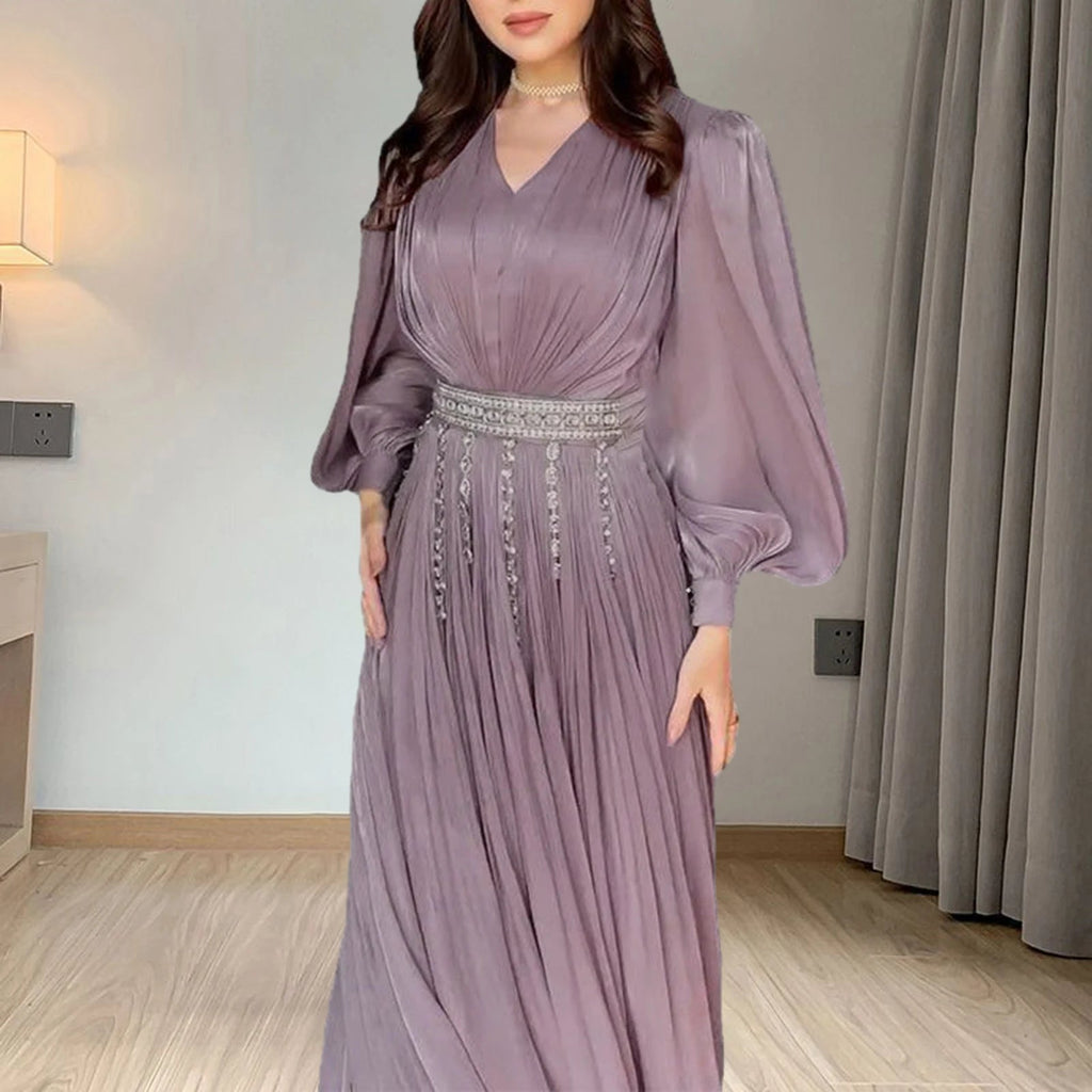 Fashion Clock Long Sleeve Chiffon Straight Long Maxi Robe Dress Vintage LADYLYS