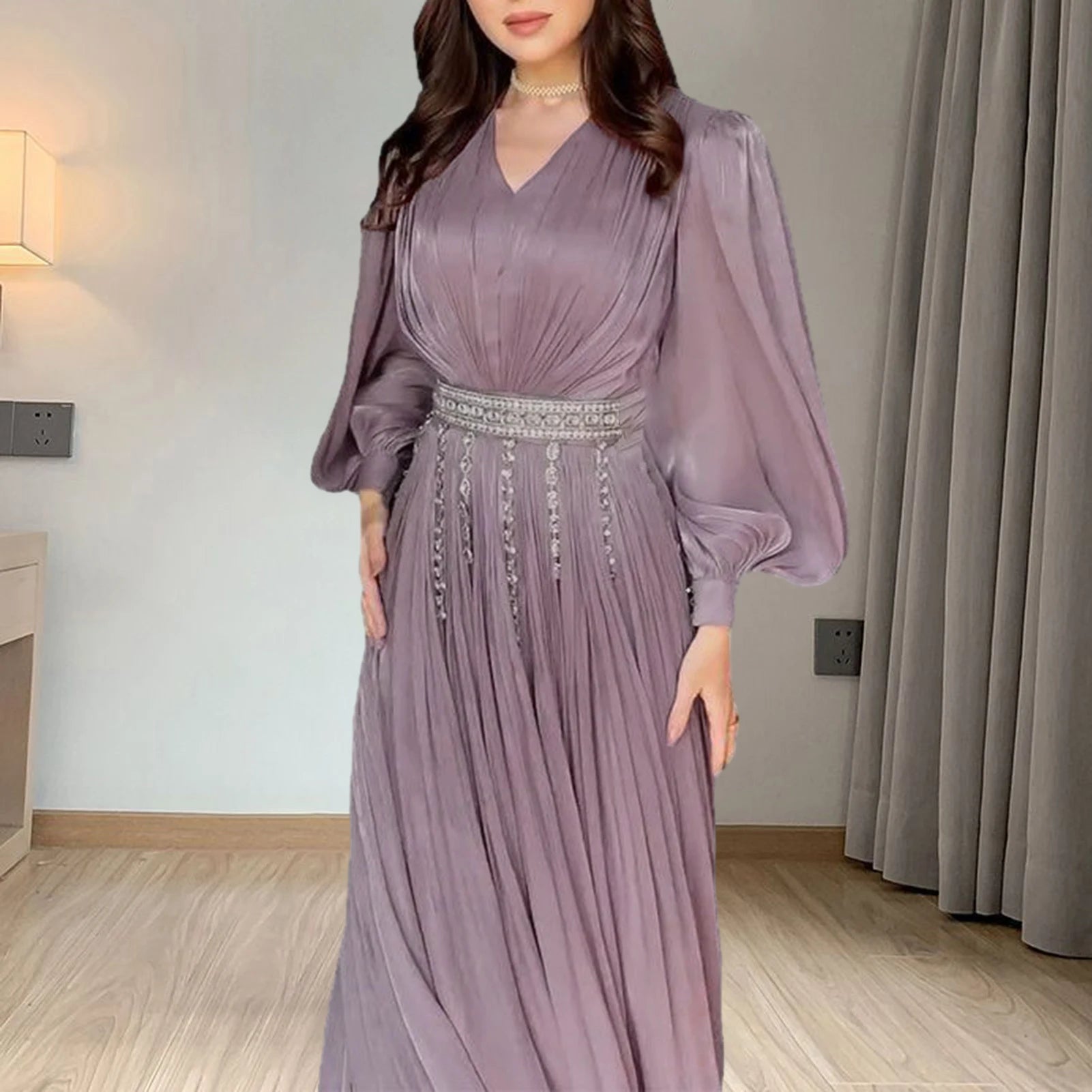 Fashion Clock Long Sleeve Chiffon Straight Long Maxi Robe Dress Vintage LADYLYS
