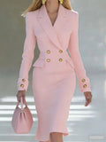 Elegant V-neck Double breasted Blazer Dress Fashion Commute Hight Waist Solid LADYLYS