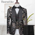 Men Sliver&Golden Pattern Wedding Suits Slim Fit Single Breasted Prom Blazers Pants Vest LADYLYS
