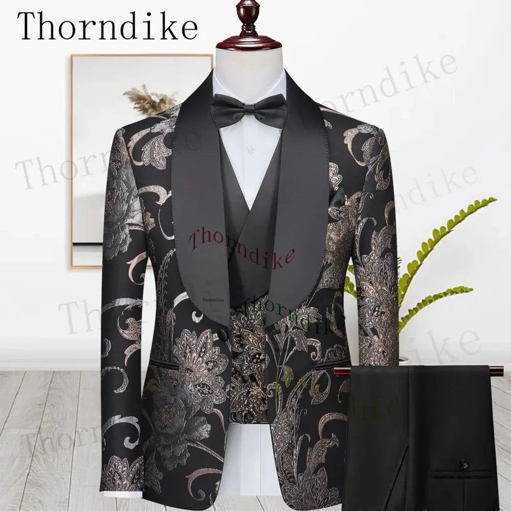 Men Sliver&Golden Pattern Wedding Suits Slim Fit Single Breasted Prom Blazers Pants Vest LADYLYS