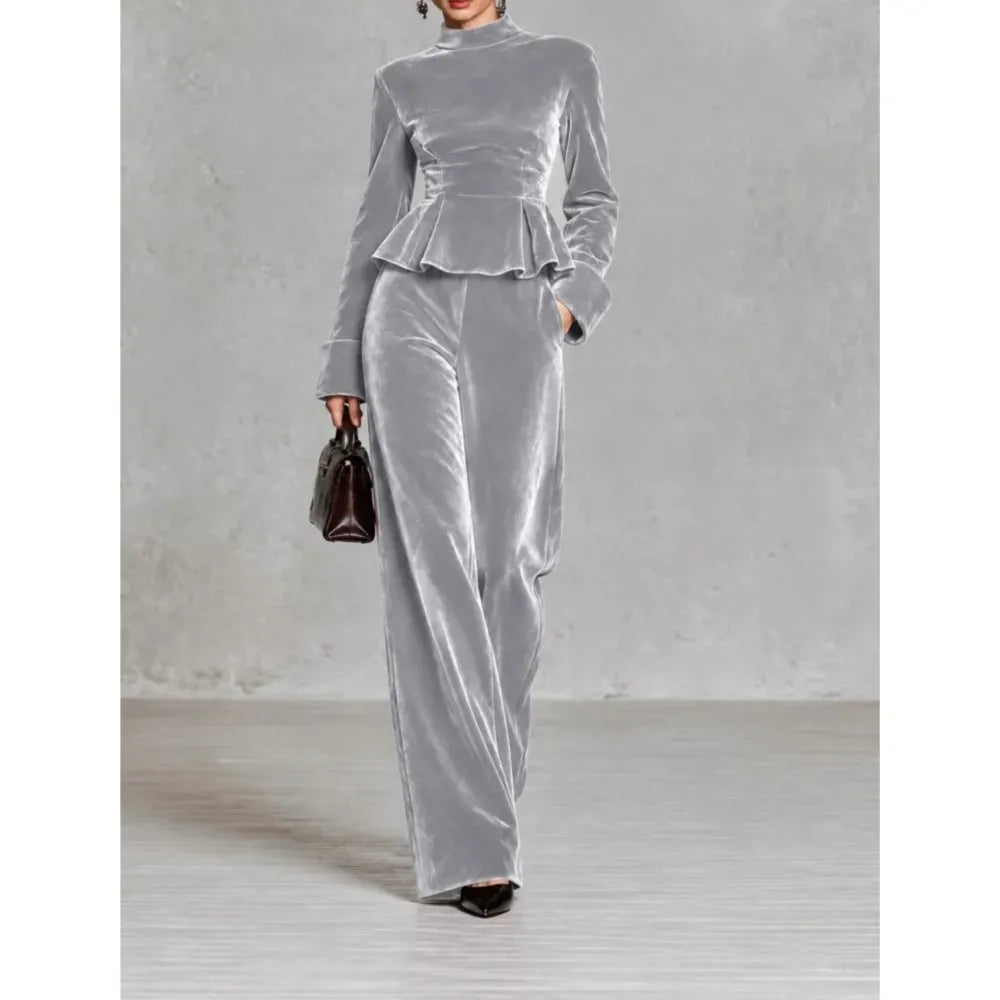 Women's Velvet Two-Piece Set with Wide-Leg Trousers