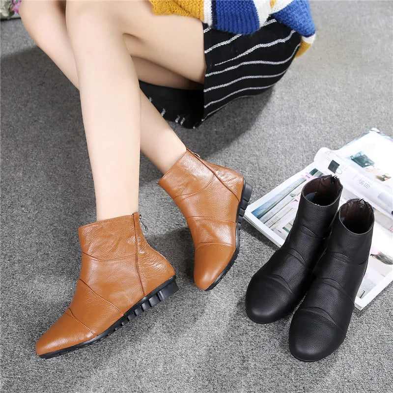 Women's Genuine Leather Platform Ankle Boots – Zip-Up Wedge Booties with Plush Option