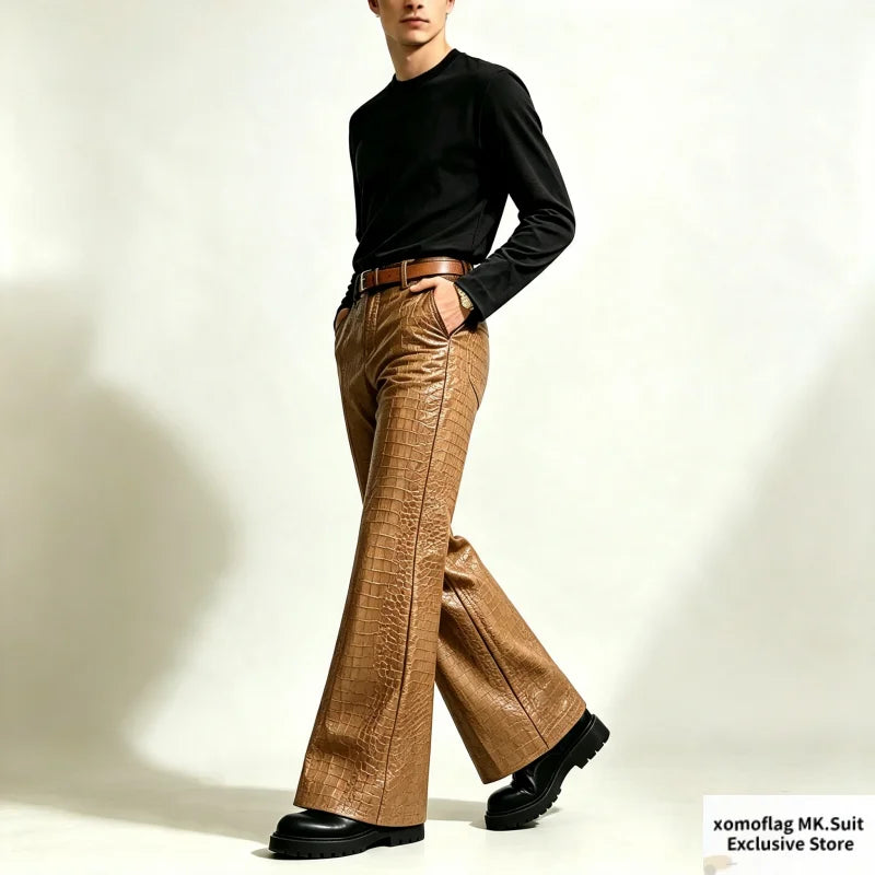 Men’s Crocodile-Effect Faux Leather Flare Pants