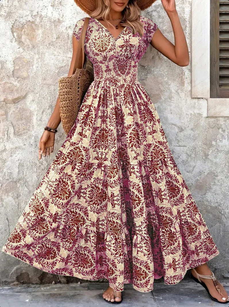 Vintage Floral Print Dress Elegant V-Neck Short Sleeve LADYLYS