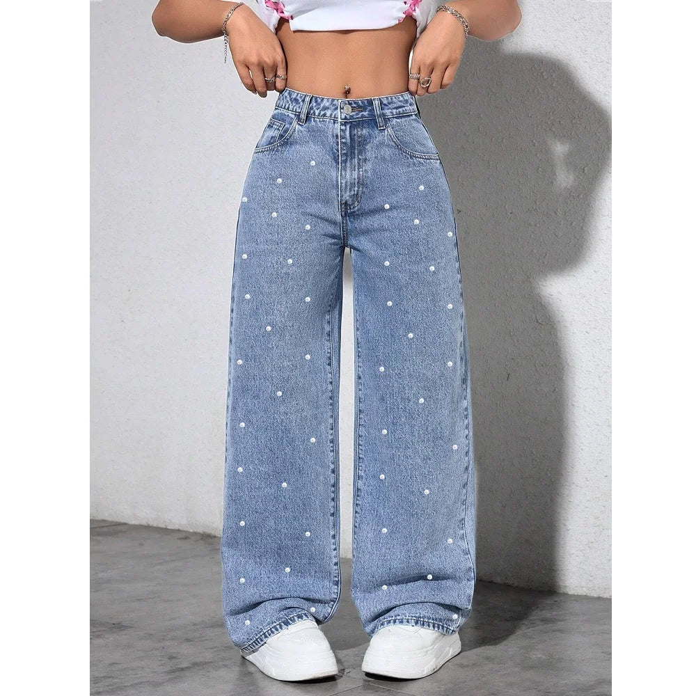 Women's High-Waist Straight-Leg Jeans with Beaded Details