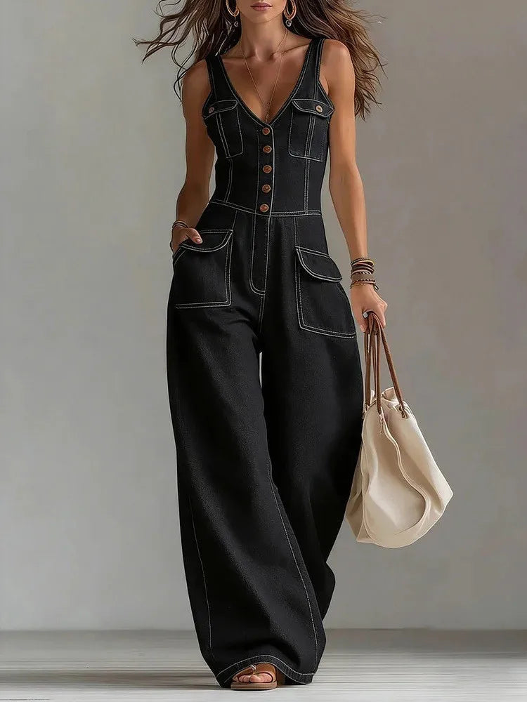 Sexy V Neck Button Denim Jumpsuit Elegant Solid High Waist Woman Romper 2026 Spring Summer Sleeveless Vacation Beach Overalls LADYLYS
