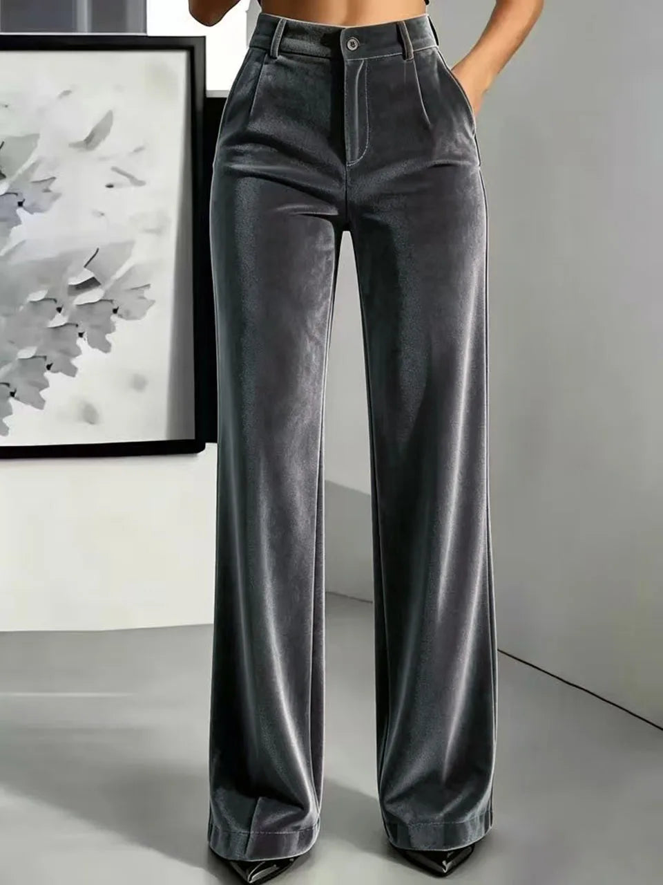 Women's Velvet High-Waist Straight-Leg Trousers