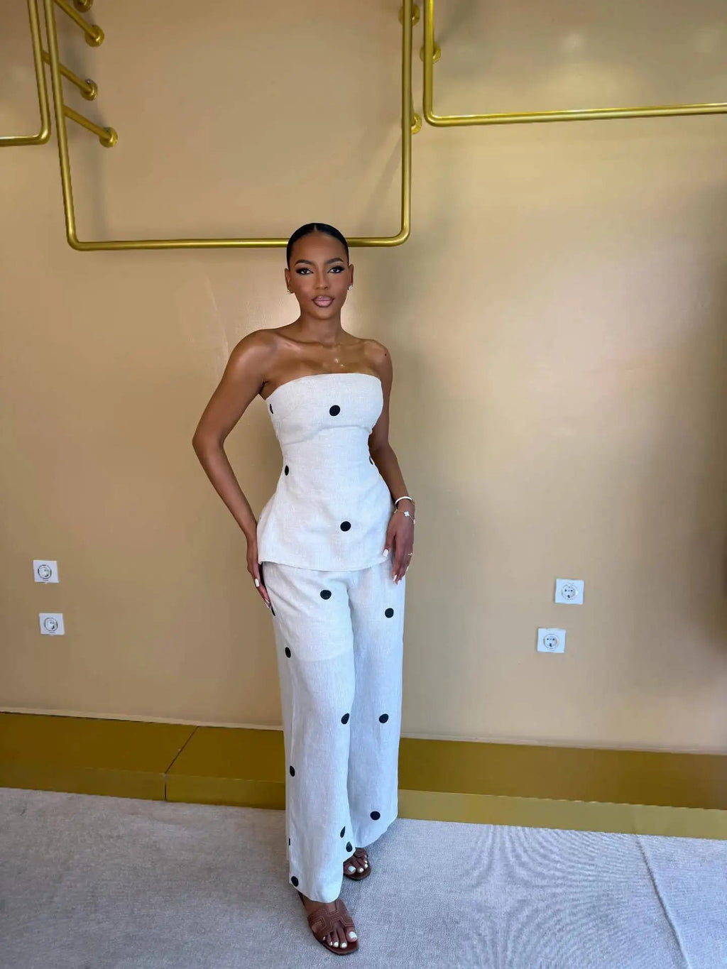 HLJ Women Polka Dot 2 Piece Outfits Elegant Bandeau Tube Top + High Waist Wide Leg Pants Set Summer Casual Streetwear Holidays LADYLYS