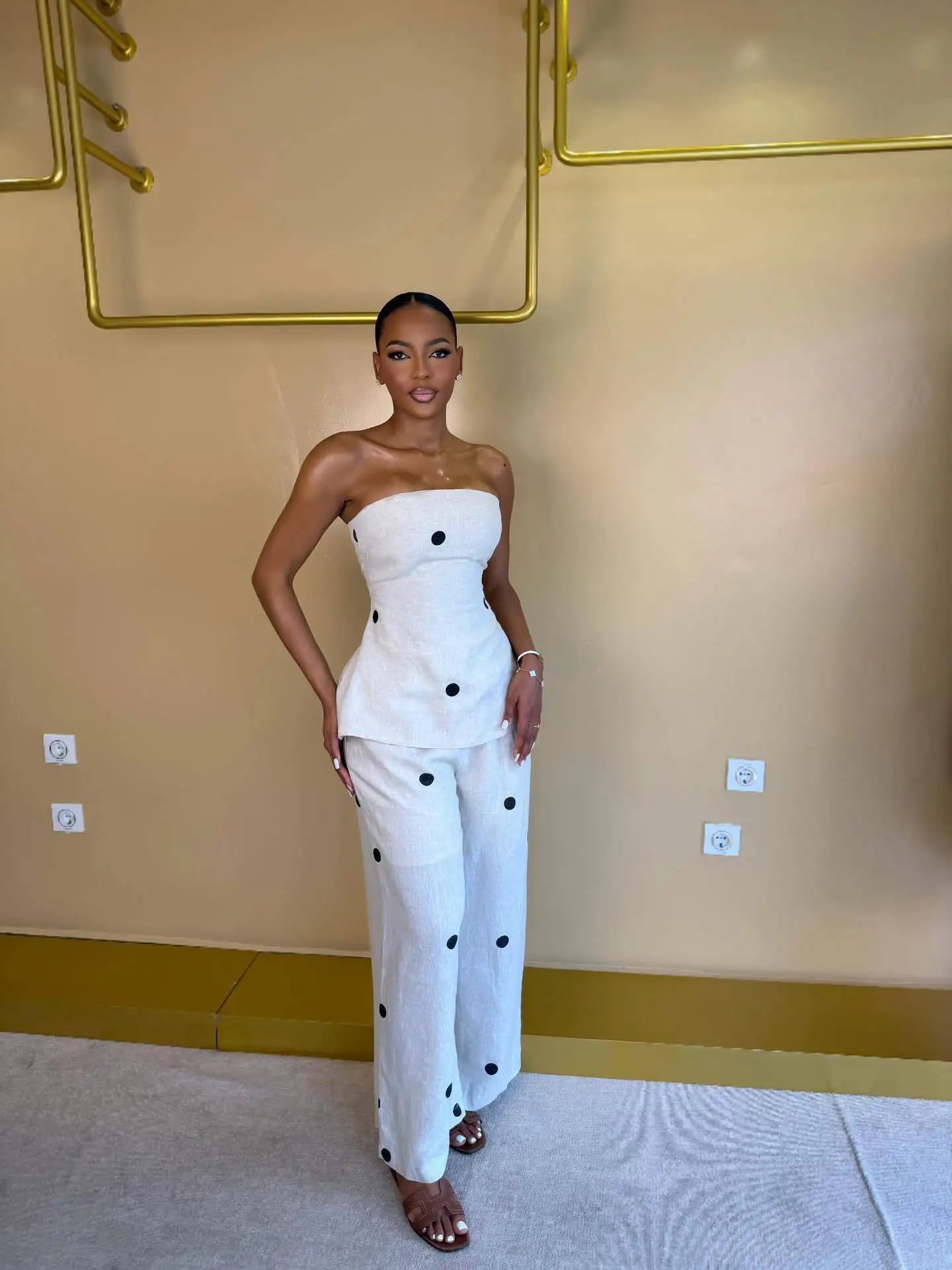 HLJ Women Polka Dot 2 Piece Outfits Elegant Bandeau Tube Top + High Waist Wide Leg Pants Set Summer Casual Streetwear Holidays LADYLYS