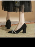 Chunky Heel Pointed Toe Rhinestone Suede High-heeled Shoes Women Block Heel Pumps LADYLYS