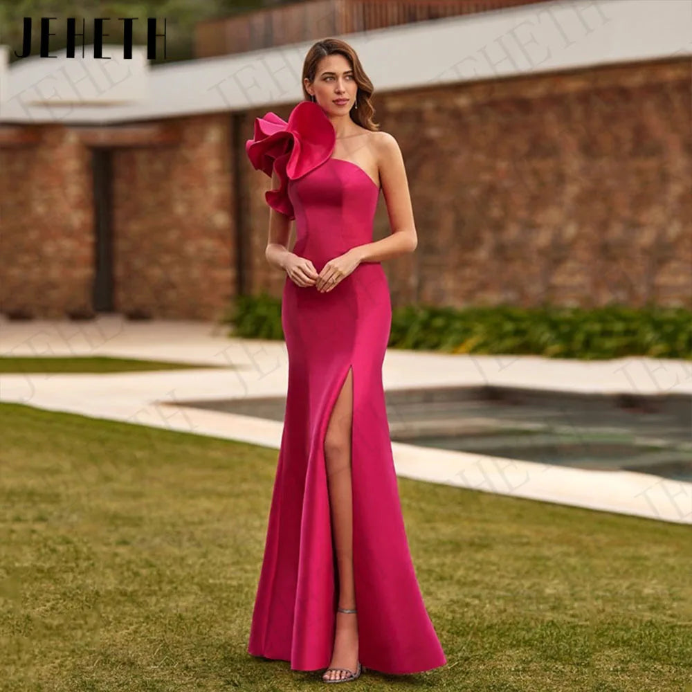 JEHETH Satin One Shoulder Mermaid Evening Dress for Woman Side Split Detachable Train Formal Party Dresses Fuchsia Customized LADYLYS