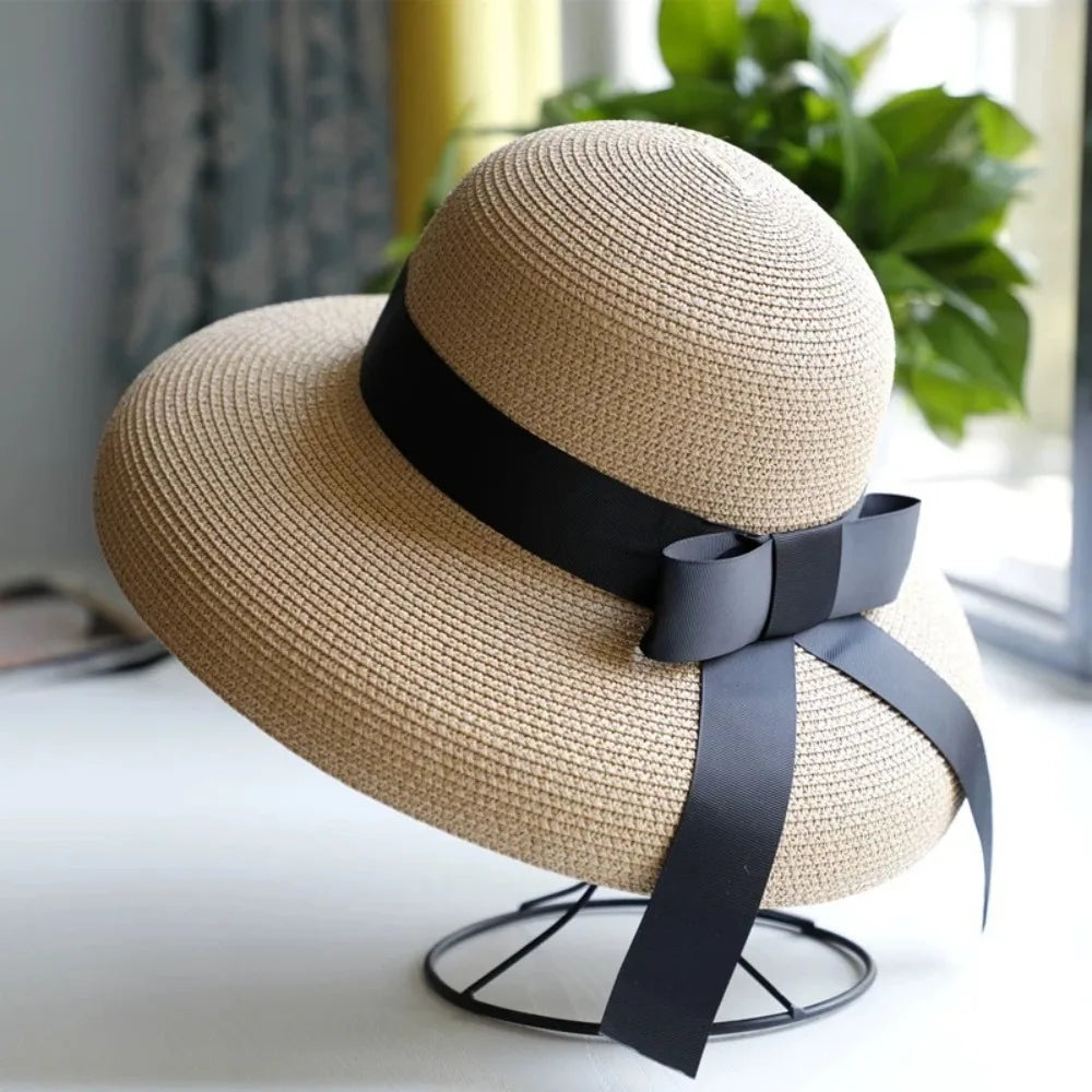 Vintage Breathable Straw Hat Black Ribbon Large Brim Sunshade Hat UV Protection Sun Hat Women LADYLYS