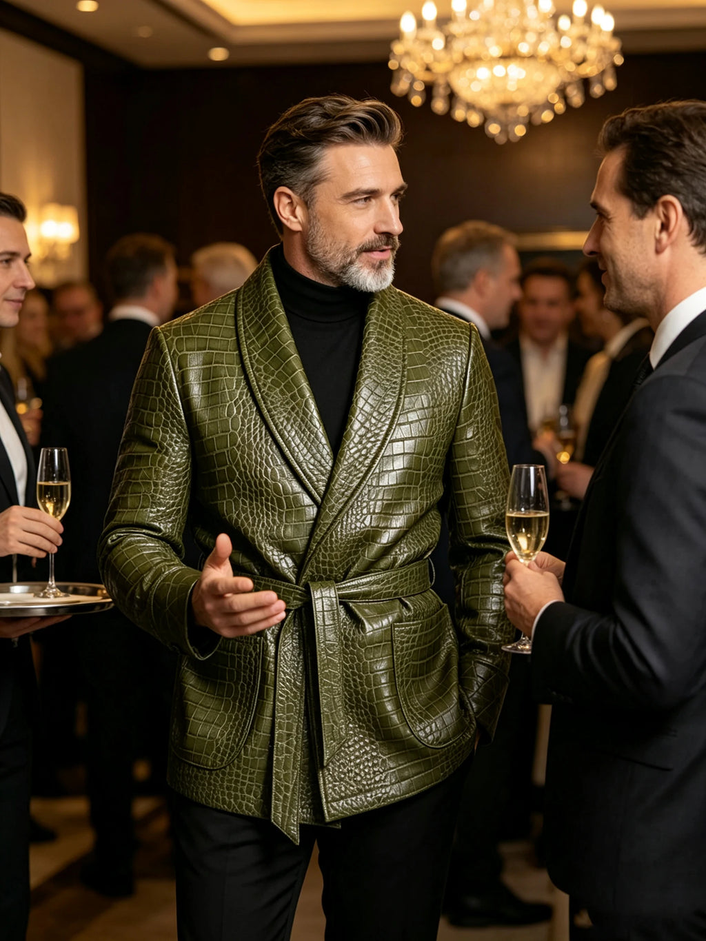 Men's Crocodile-Embossed PU Leather Blazer – Shawl Lapel, Belted, Slim Fit