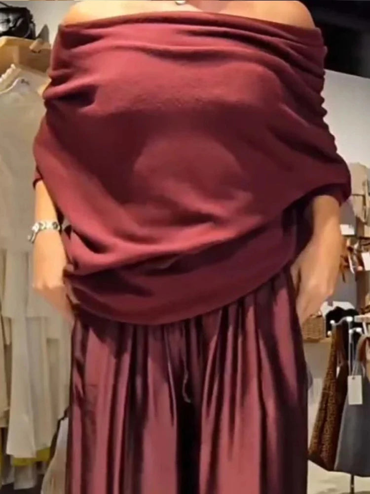 Elegant Slash Collar Off Shoulder Top&Satin Wide Leg Pants Sets Fashion Irregular Solid LADYLYS