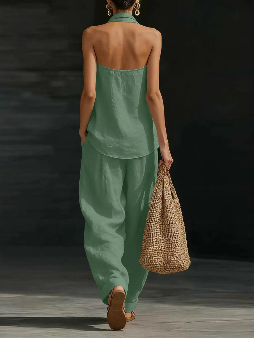 Women Linen 2 Piece Outfit Halter V Neck Sleeveless Tank Top Wide Leg Pants LADYLYS