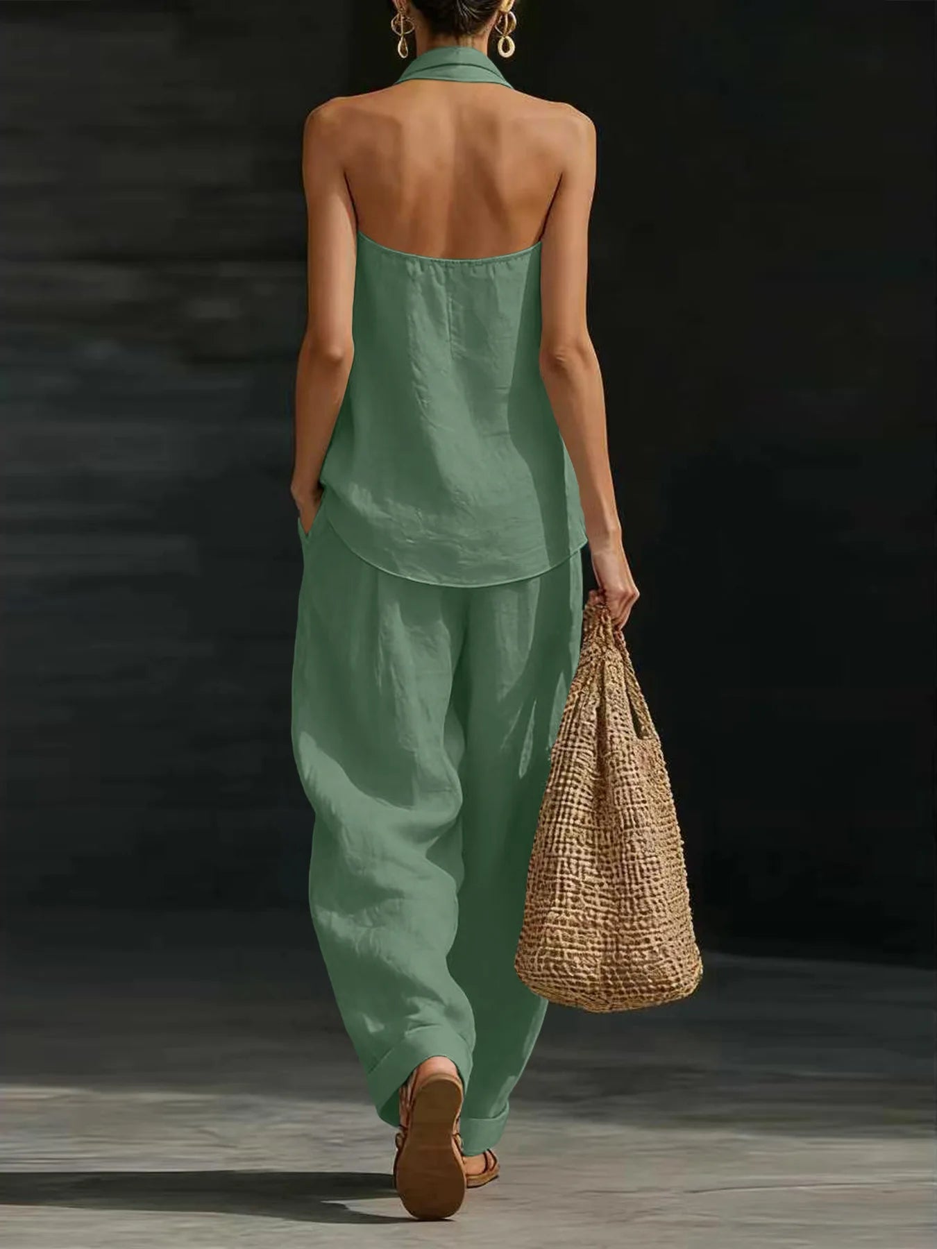 Women Linen 2 Piece Outfit Halter V Neck Sleeveless Tank Top Wide Leg Pants LADYLYS