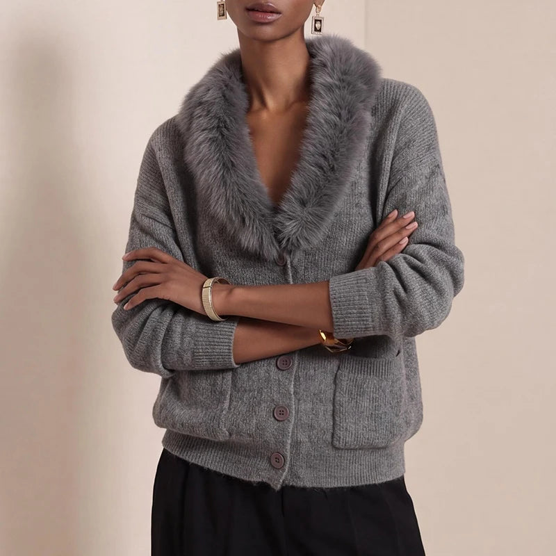 Women's Vintage V-Neck Knit Cardigan with Faux Fur Trim