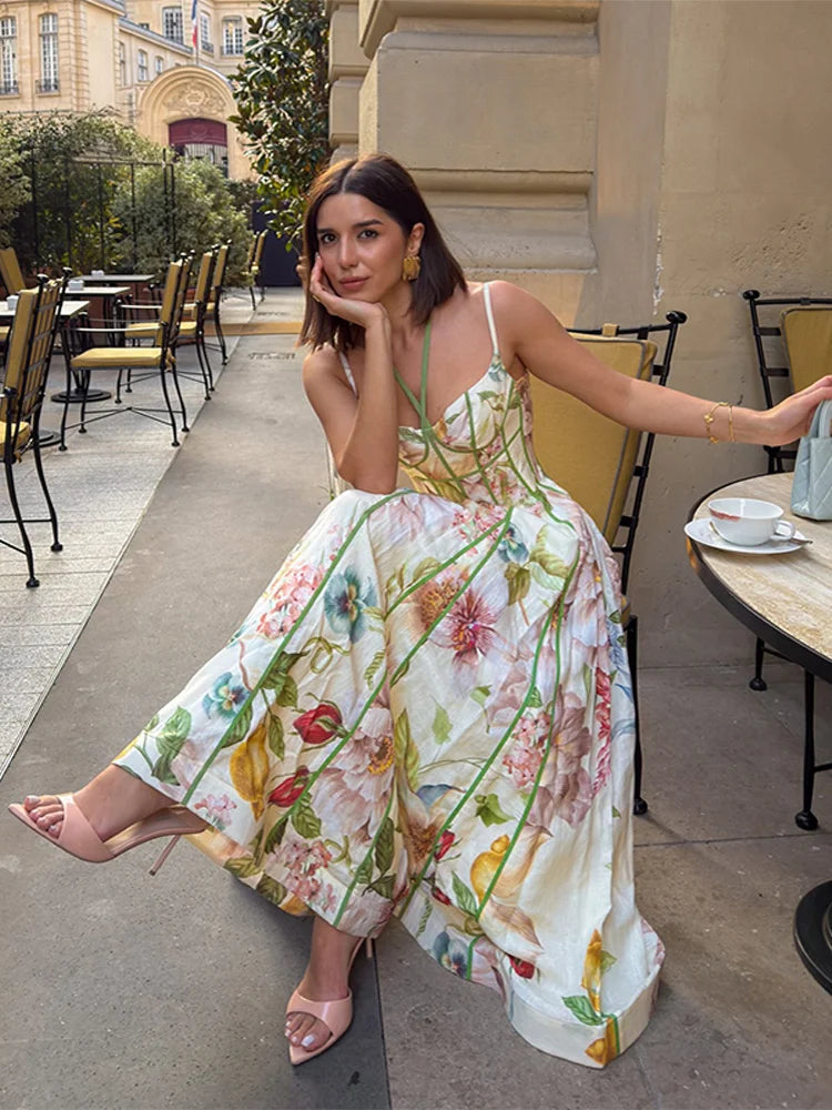 Floral Print Halter Neck Corset Waist Maxi Dress Elegant LADYLYS