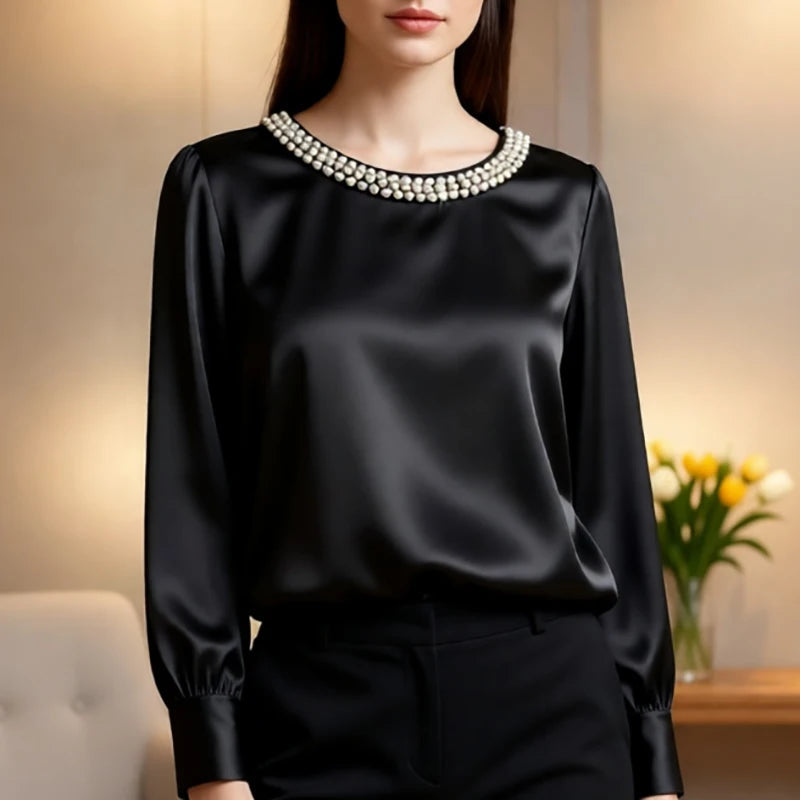 Elegant Satin Shirt Women Spring Autumn Bead Design Long Sleeve Silk Blouse Women Fashion O Neck Loose Pullover Tops LADYLYS